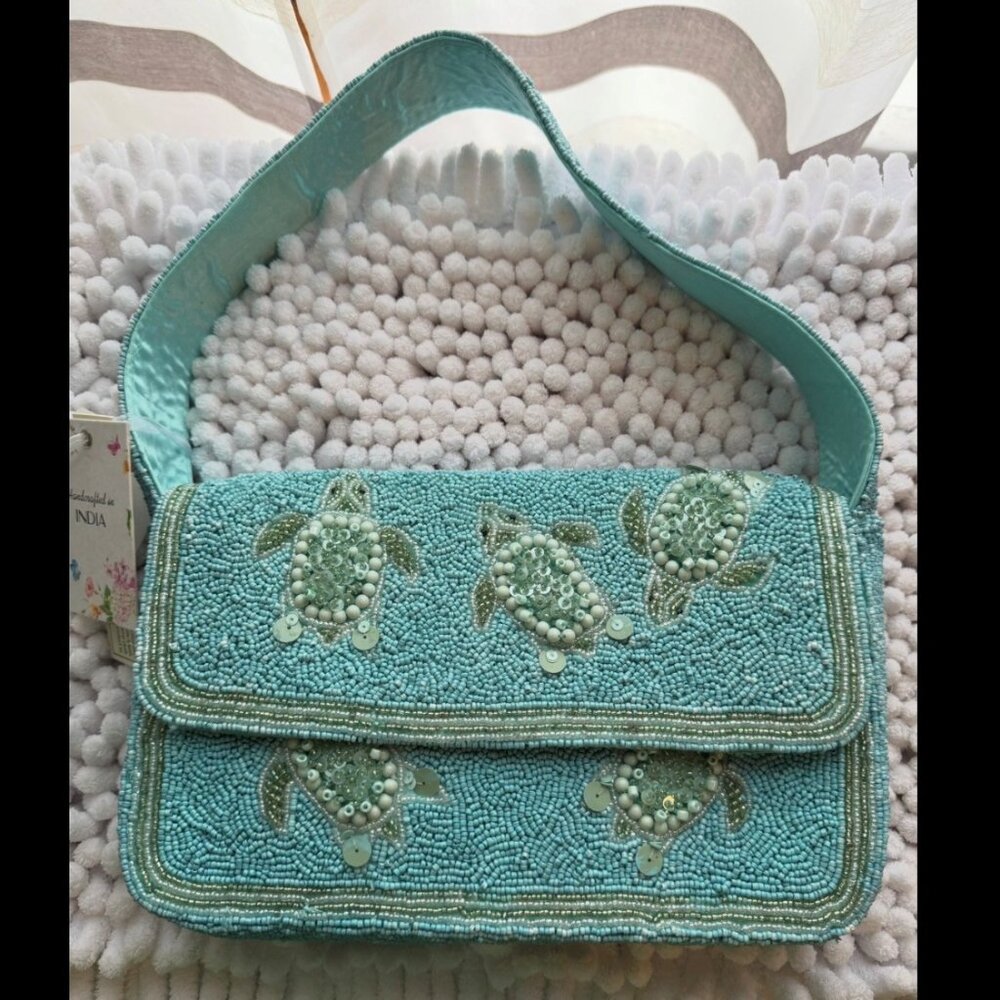 VIRAL BLUE TURTLE BEADED SHOULDER BAG MADE IN INDIA NWT